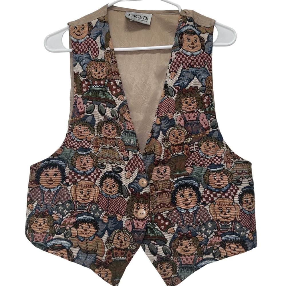 Facets Tapestry Raggedy Ann Button Front Vest Festival Unique 90s Grandma Medium